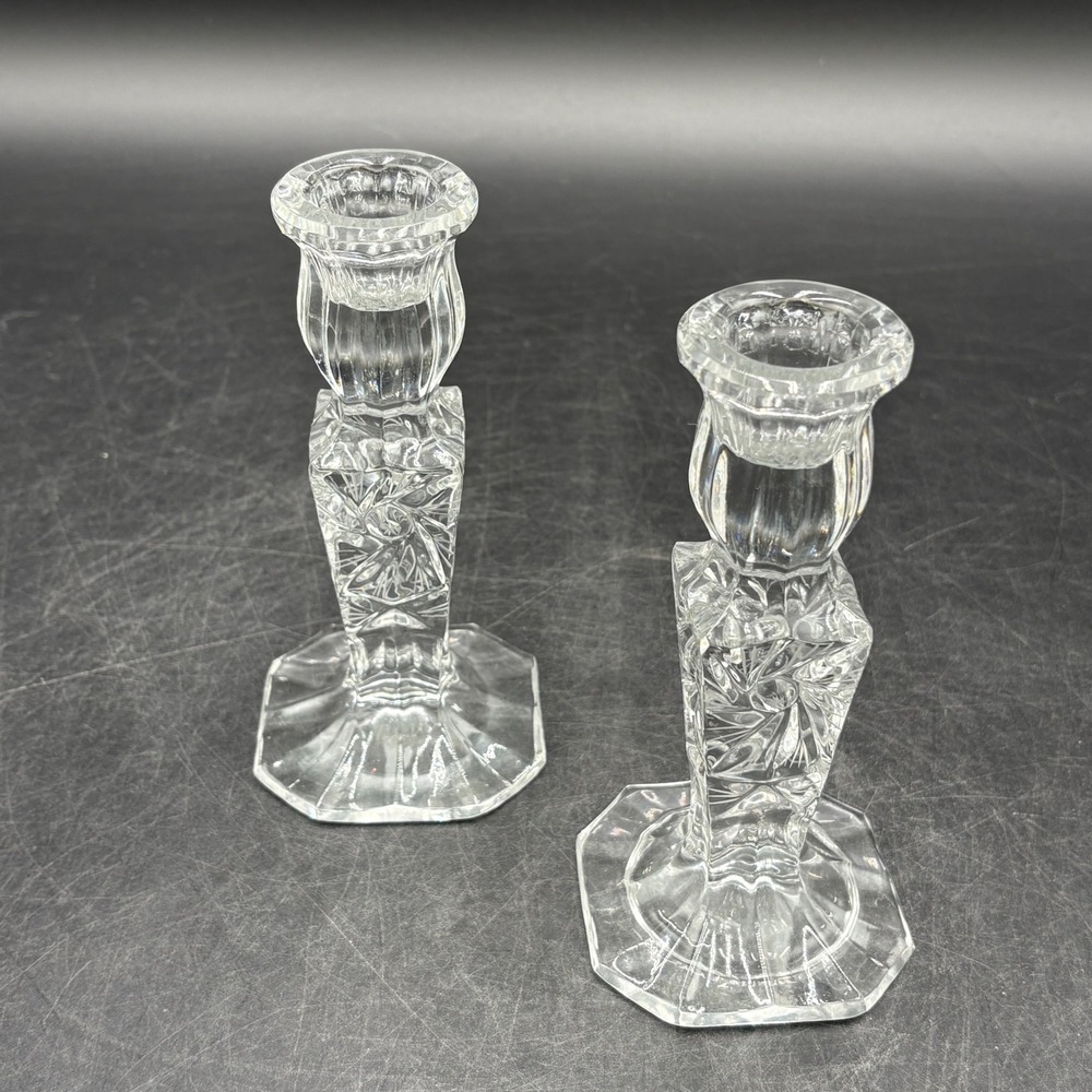 Vtg Violetta Crystal Glass Candlestick Holders Set of 2 Clear Pinwheel Star